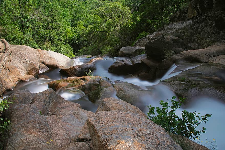 rzeka, potok, las, krajobraz, Natura, woda, strumień, Villanueva De La Vera, skała, płynący, zielony kolor