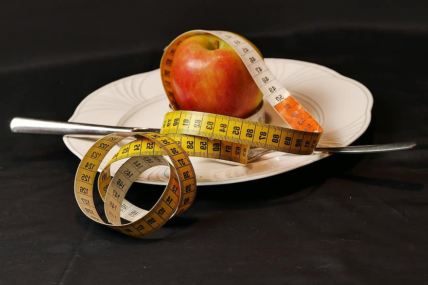 målebånd, eple, frukt, mat, organisk, naturlig, sunn, kosthold, konsept