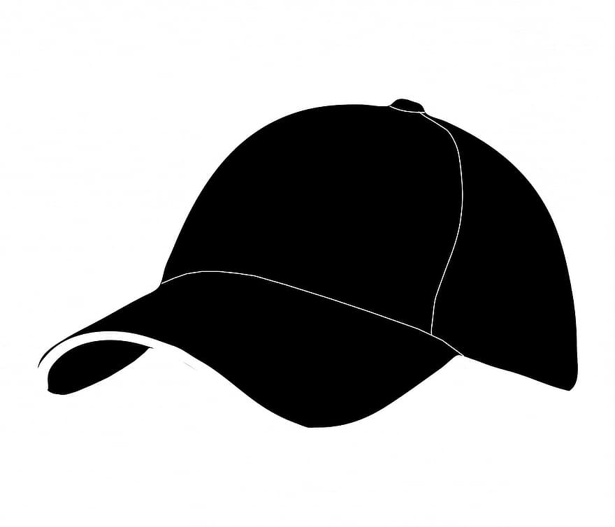 hat, kasket, baseball, baseball kasket, sort, silhuet, kunst, form, omrids, hvid, baggrund