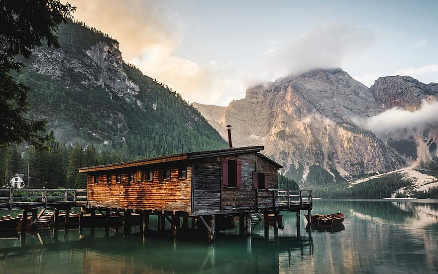 Cabin, House, Wood, Lake, Boat, Mountains, Clouds, Fog, Bridge, Balcony, Forest