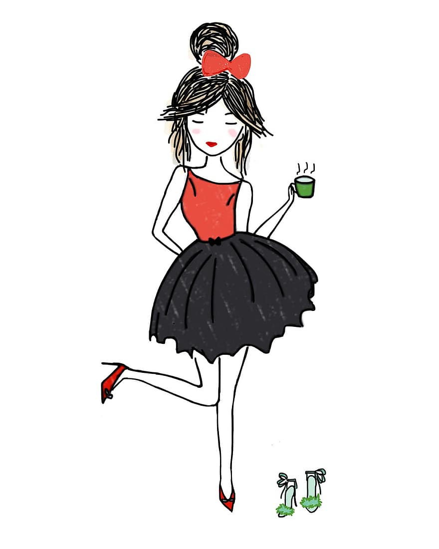 menina, café, saia, sapatos, salto alto, feliz, chá, Febre do calçado, verde, vermelho, desenho animado