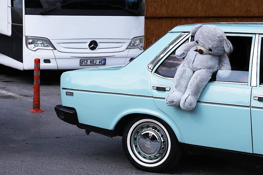 Car, Bear, Retro, Teddy Bear, Turquoise Car, Classic, Vintage, Nostalgic, Obsolete, Auto, Automobile