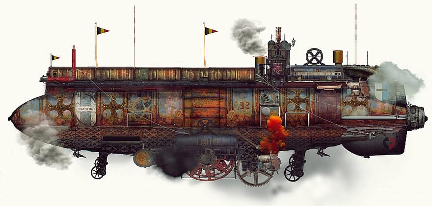 steampunk, dirigibile, fantasia, viaggio, trasporto, cargo, vapore, cielo, Atompunk