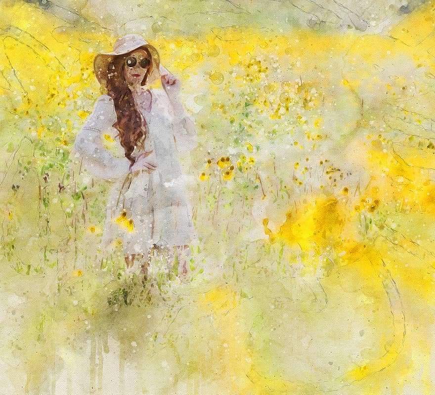 дівчина, жінка, поле, квіти, літо, капелюх, руда, природи, дика квітка, пелюстки, сонячний