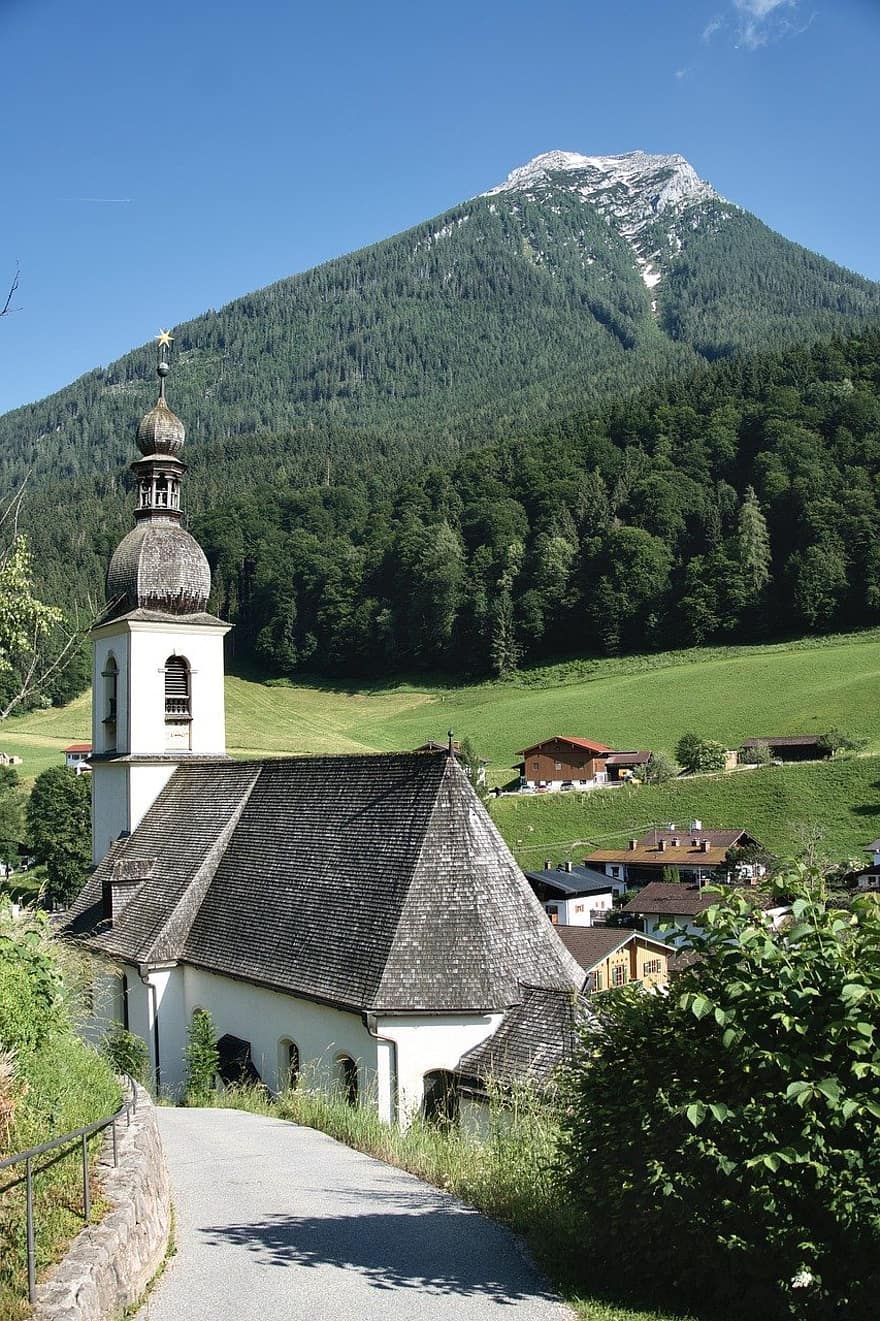 bažnyčia, architektūra, kalnas, kaimas, kraštovaizdį