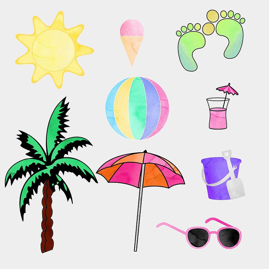 zomer, zomertijd, clip art, ijsje, zon, palmboom, zonnebril, parasol, bar, strandbal