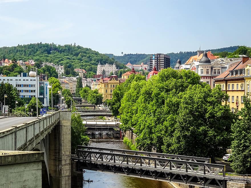 Karlovy varie, République Tchèque, rivière, ville, paysage, des ponts