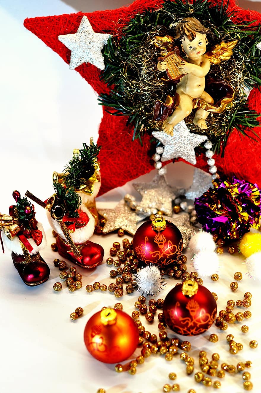 dísztárgyak, angyal, csillagok, fenyőfa, ajándék, Karácsony, ünneplés, Karácsonyi dekoráció, karácsonyi üdvözlés, üdvözlőlap, karácsony