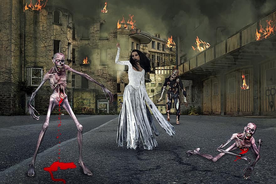 Zombies, Fantasy, City, Town, Woman, Buildings, Fire, Smoke, Highway, Fog, Lost Place