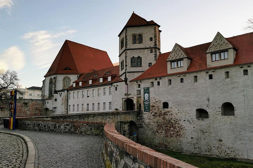 moritz κάστρο, αίθουσα, κάστρο, saale, μουσείο, αργά γοτθικό, ορόσημο, Saxony-Anhalt, Γερμανία, Κτίριο, η δυση του ηλιου
