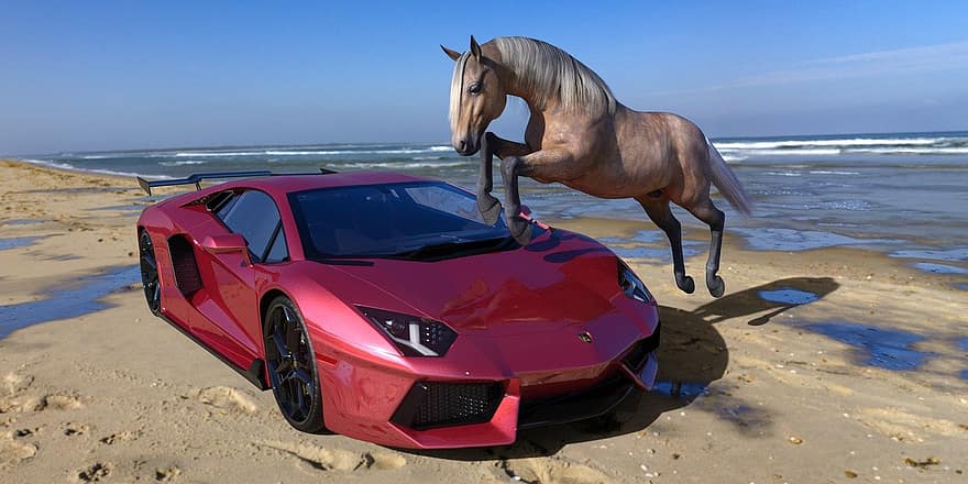 Ένα αυτοκίνητο και ένα άλογο, αυτοκίνητο, αγωνιστικό αυτοκίνητο, άλογο άλμα, παραλία, ωκεανός, παραμορφώνω, καθιστώ, 3d, τέχνη, απεικόνιση