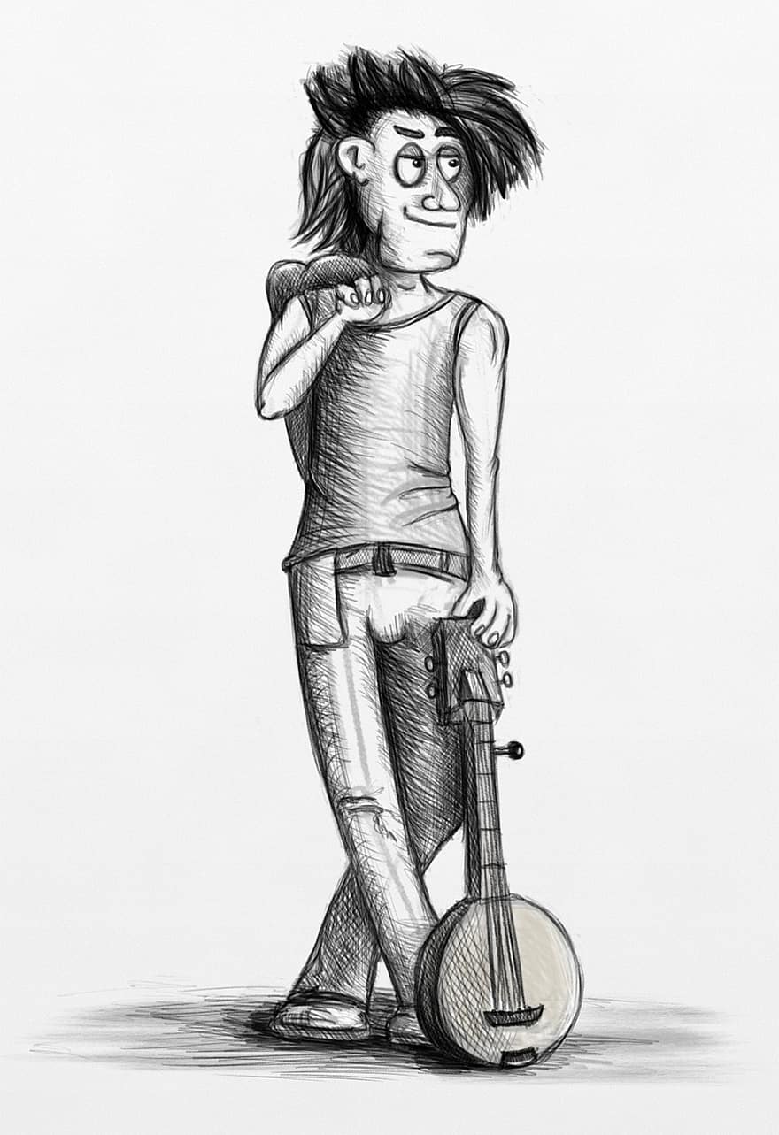 banjo, paio, postura, bandit, músic, instrument musical, esbós, figura, dibuixos animats, personatge