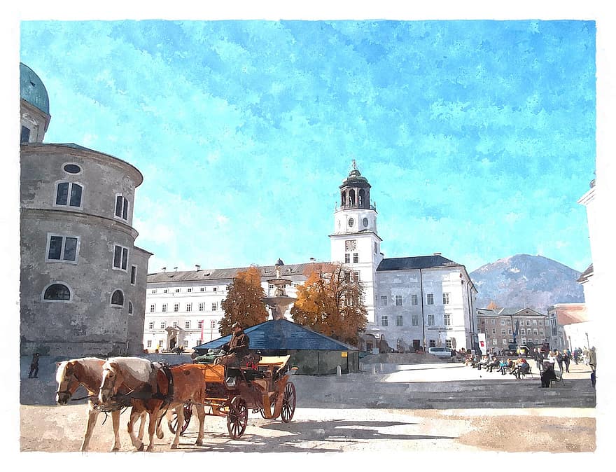 salzburg, vízfestmény, távolsági busz, történelmi központ, Ausztria, festés, város, ló, kocsis, Művészet, kastély