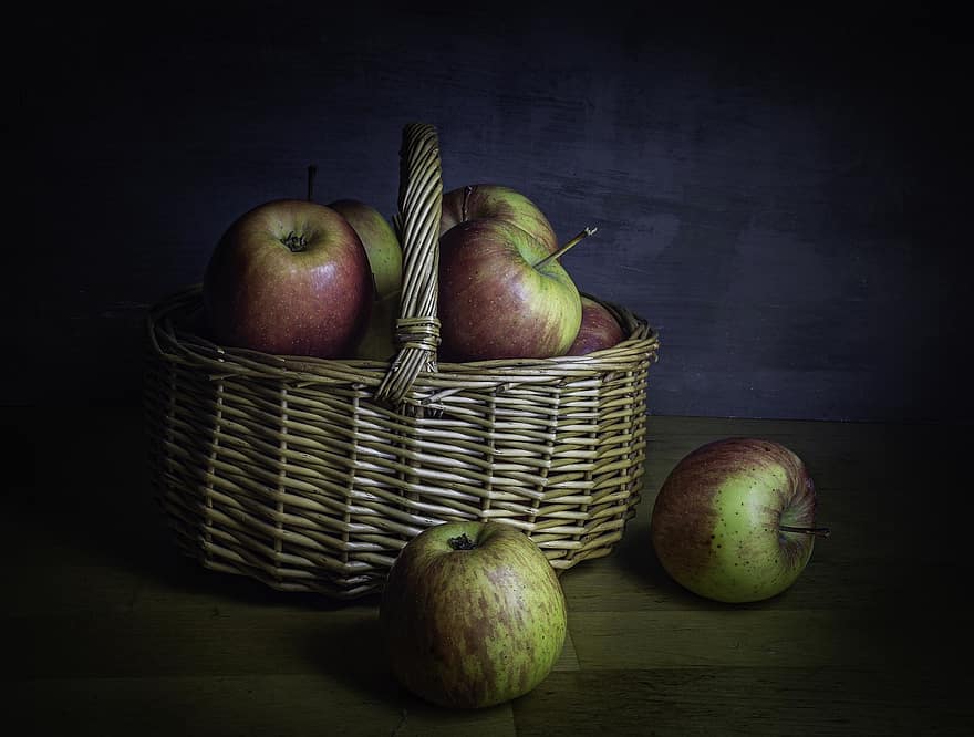 äpplen, frukt, korg, mat, hälsosam, organisk, närbild