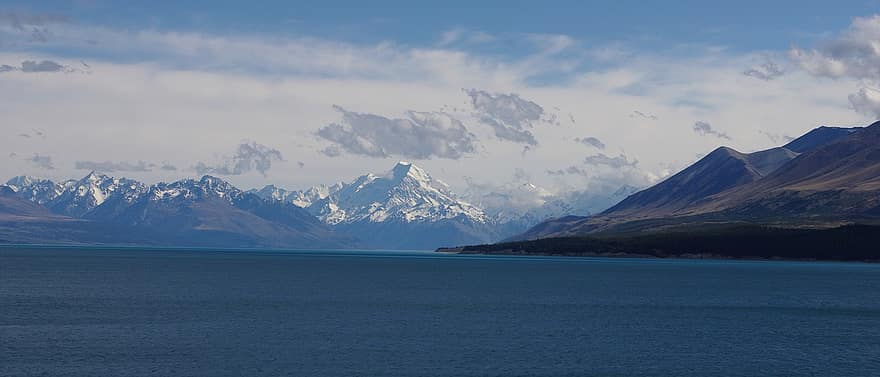 Mount Cook, schneebedeckte Berge, Berg, Landschaft, Natur, Neuseeland, Panorama, szenisch, blauer See, alpin, Alpen Neuseeland