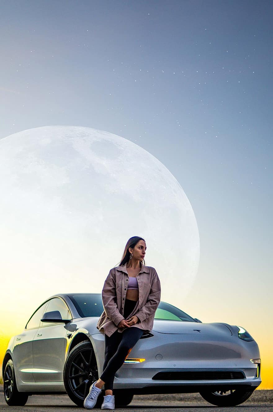 Tesla, Car, Woman, Moon, Model, Girl, Pose, Auto, Automobile, Vehicle, Electric Car
