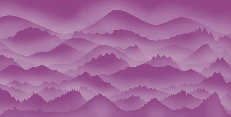 les montagnes, fond violet, le coucher du soleil, la nature, paysage, brouillard, des nuages, chaîne de montagnes, art numérique