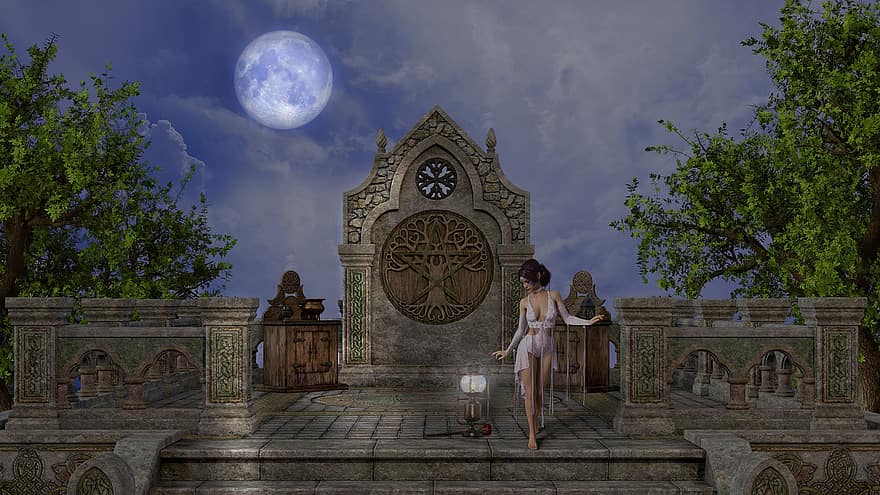 Hintergrund, Fantasie, Mädchen, Mystiker, Traum, Atmosphäre, Mond, Nacht-, Märchen, Nachthimmel, Mondlicht