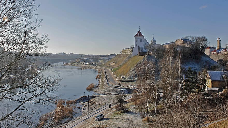 rivier-, weg, kust-, gebouwen, Grodno, Neman, winter, landschap, stad