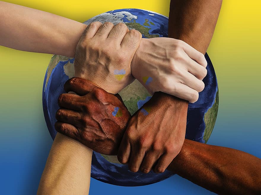 Welt, Gemeinschaft, Zusammenspiel, Einheit, Zusammenarbeit, menschliche Hand, Zusammengehörigkeit, Handschlag, Blau, Männer, Weltkarte