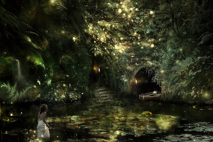 Background, Fantasy, Forest, Pond, Water Lilies, Lights, Woman, Boat, Torches, Mysterious, Mystical