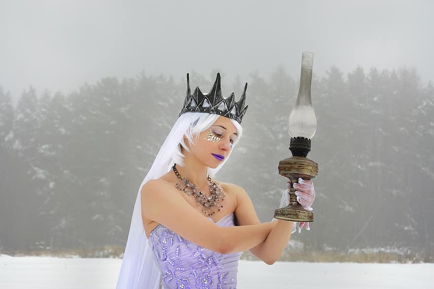 Regina, regina delle nevi, la neve, freddo, alberi, nebbia, corona, brina, fantasia, natura, lampada