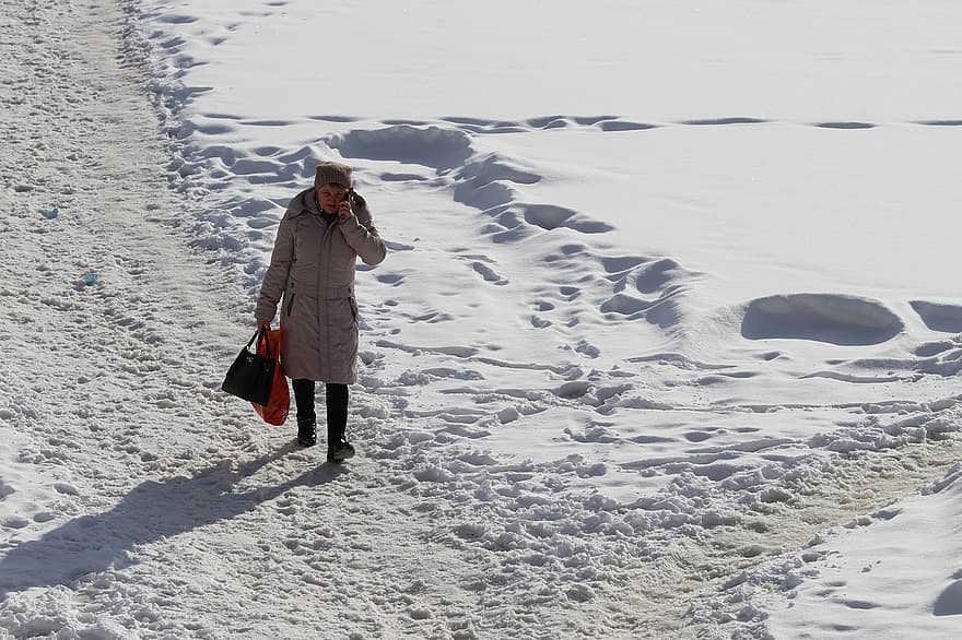 Ice, River, Thin, Transition, Phone, winter, snow, one person, women, walking, adult