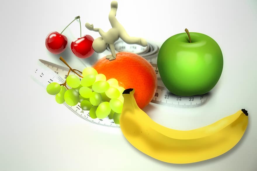 주황색, 과일, 먹다, 줄자, 미터, 무게, 수컷, 바나나, 다이어트, 사과, 포도