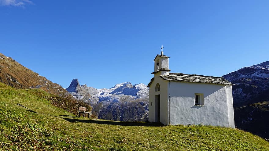 kapel, gunung, tanah padang rumput, salju, vals