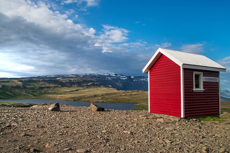 Chata, bergsee, Islandia, Natura, krajobraz, jezioro, dom, reszta, lato, drewniany dom, wakacje