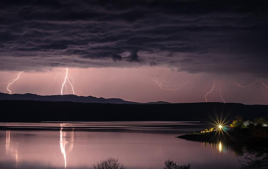 Lake, Thunderstorm, Lightning, Water, Water Reflection, Silhouette, Evening, Flashes, Storm, Thunder, Scenery
