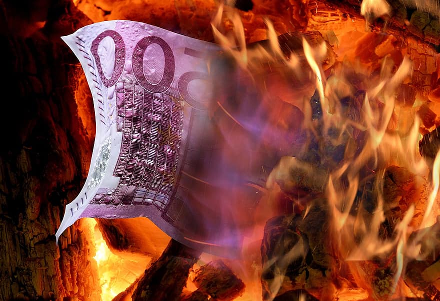 Деньги, евро, банкноты, Пожар, сжигание, валюта, бумажные деньги, экономия, доход, бюджет, финансы