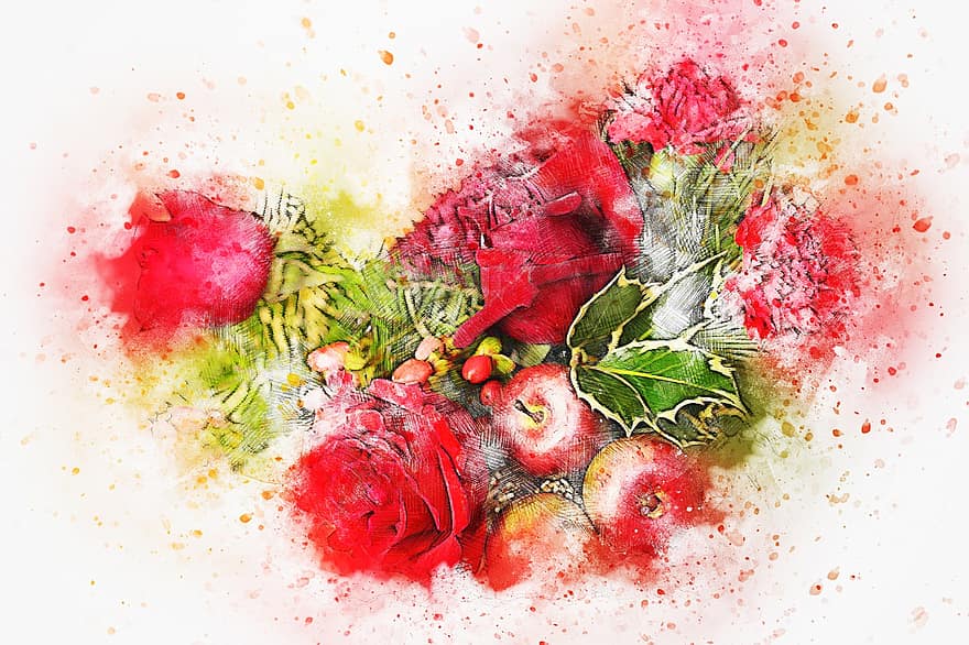 Flowers, Bouquet, Christmas, Art, Abstract, Nature, Watercolor, Vintage, Winter, Romantic, Artistic