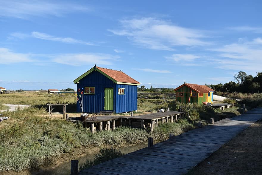 cabine, chalé, pescaria, cores, natureza, à beira-mar, panorama, horizonte, madeira, verão, azul
