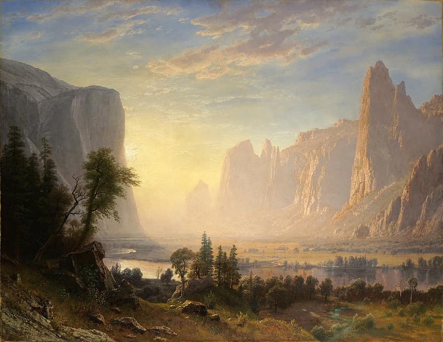 Albert Bierstadt, krajina, malování, umění, umělecký, olej na plátně, nebe, mraky, stromy, Příroda, mimo