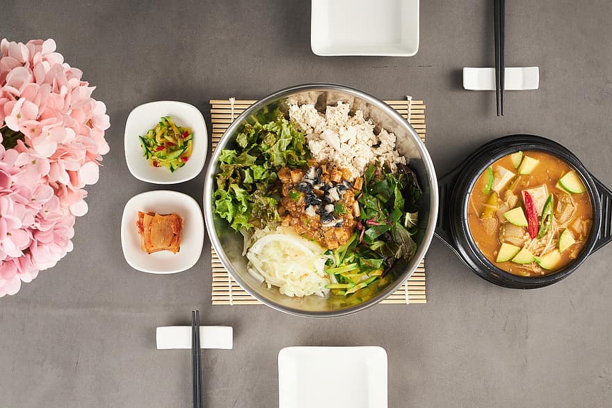 bibimbap, miso, kuchnia koreańska, wiosna, jadalnia, gotowanie, płaski układ