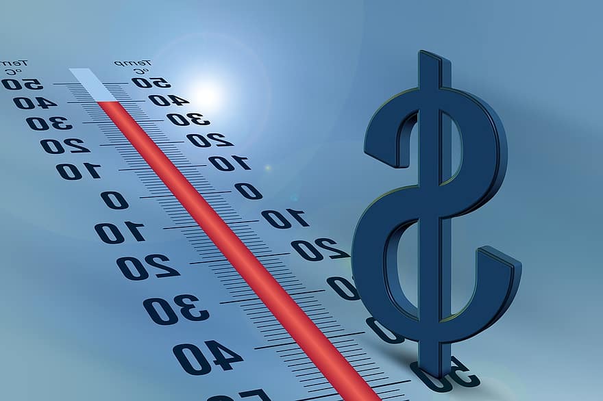 ドル、コスト、ファイナンス、電卓、コストの質問、気候コスト、温度計、地球温暖化、温度、影響、気候変動