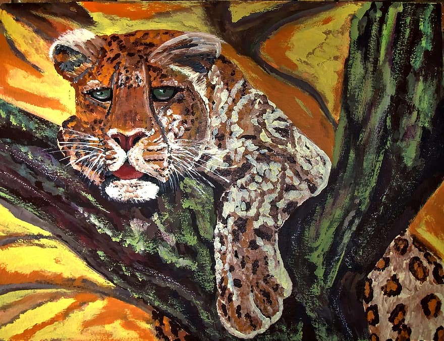 Målad leopard, akrylfärg, duk, djur-