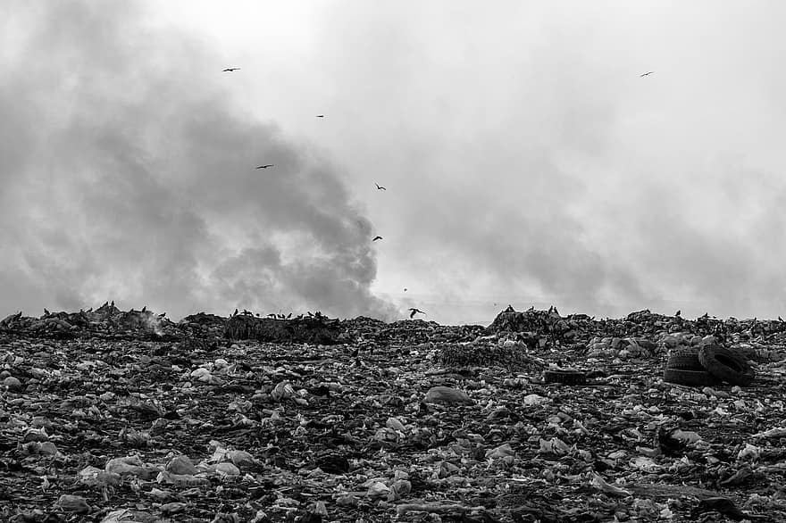 Garbage, Landfill, Pollution, Waste Disposal, Garbage Pile, flying, landscape, cloud, sky, black and white, mountain
