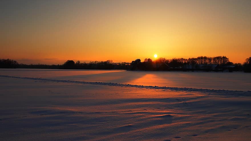 захід сонця, поле, сніг, небо, помаранчеве небо, сутінки, силуети, дерева, силуети дерев, горизонт, снігове поле