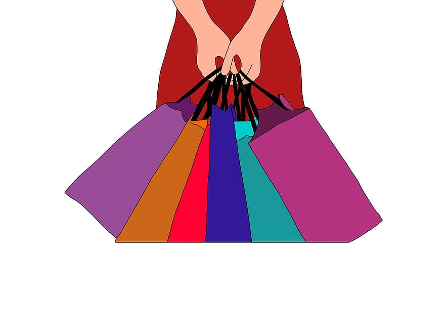 zakupy, centrum handlowe, torby, kobieta, kreskówka, postać, torba, kobiety, ilustracja, moda, wektor