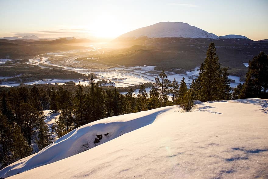 kalnas, slėnis, sniegas, saulėlydis, medžiai, žiemą, piko, kraštovaizdį, østerdalen, Norvegijoje
