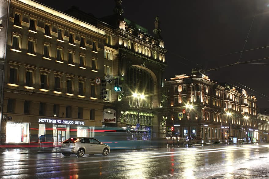 ロシア、夜、通り、シティ、サンクトペテルブルク、道路
