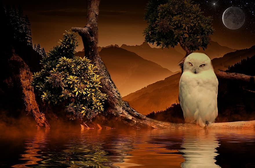 Owl, Water, Bush, Tree, Mountains, Mirroring, Outdoor, Birds, Animal, White, Plumage