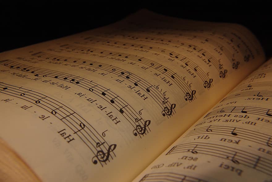 melodija, muzikos užrašai, klasių, dainuoti, daina, skaityti, bažnyčia, himno knyga, knyga, popieriaus, tekstą
