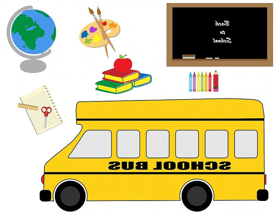 schoolbus, bus, school-, schrijfbehoeften, kleurpotloden, wereldbol, schoolbord, verven, papier