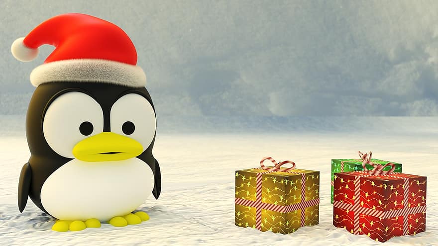 Ziemassvētki, sniegs, ziemā, auksts, fona, pingvīns, dāvanas, tux, 3d