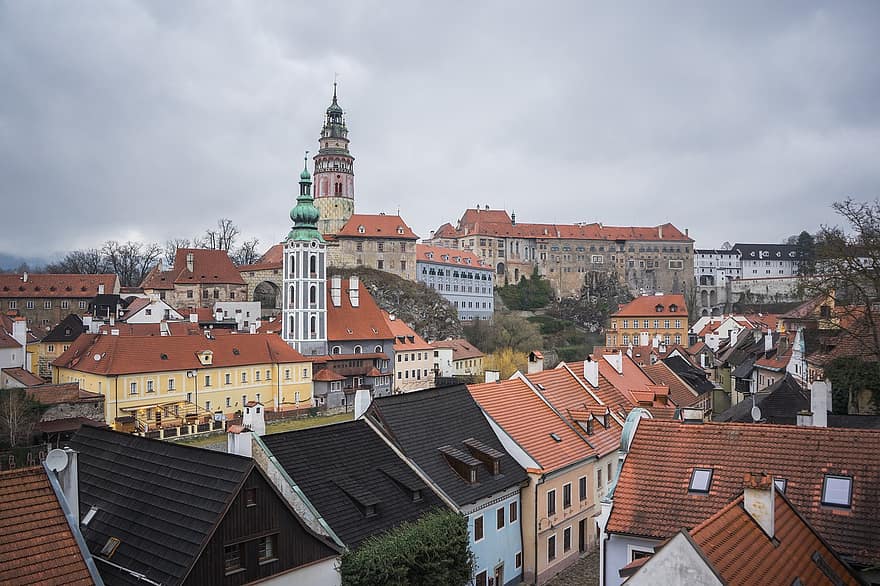 チェスキークルムロフ、チェコ共和国、シティ、南ボヘミア、sudetenland、ヨーロッパ、城、ルーフ、建築、有名な場所、街並み