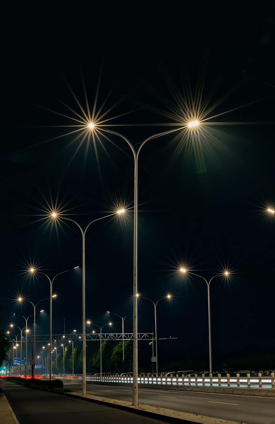 lampu jalan, jalan, malam, lampu, jalan raya, di luar rumah, lalu lintas, gelap, diterangi, senja, mobil