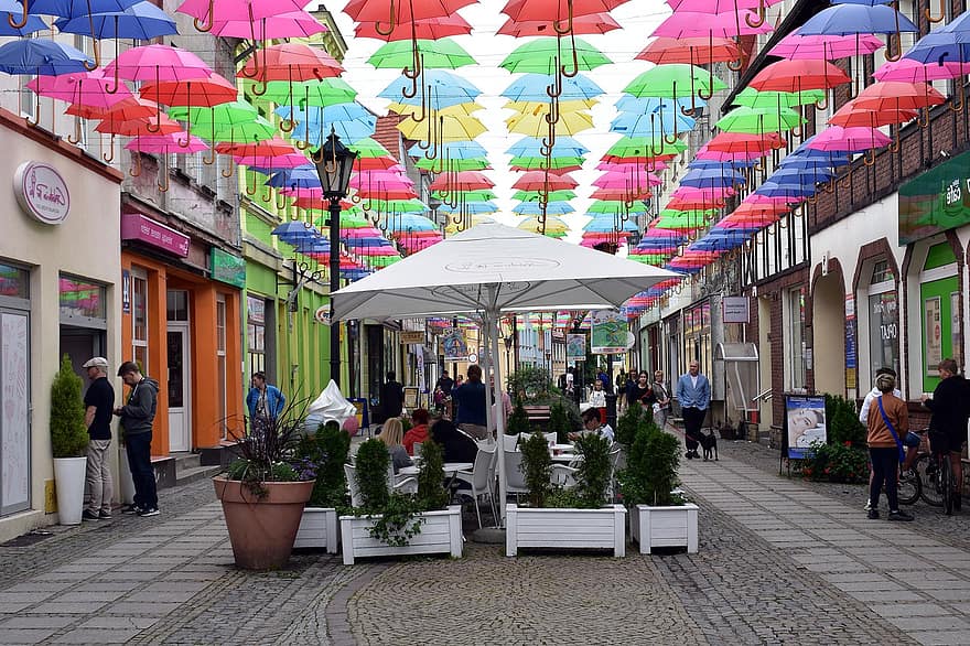 sétány, utca, város, dekoráció, esernyők